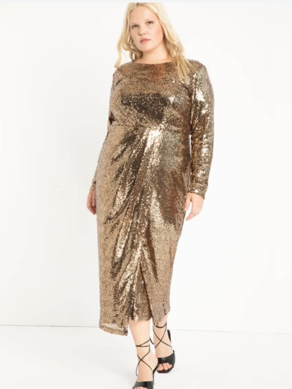 LIKE NEW Eloquii Sequin Maxi Wrap Dress- Gold Sz 18w